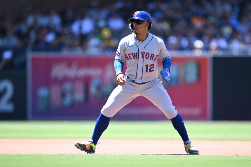 Jul 9, 2023; San Diego, California, USA; New York Mets shortstop Francisco Lindor (12) leads off second base during the fourth inning against the San Diego Padres at Petco Park. Mandatory Credit: Orlando Ramirez-USA TODAY Sports