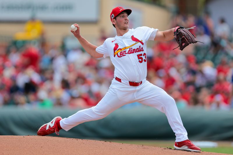 Mar 15, 2025; Jupiter, Florida, USA; St. Louis Cardinals starting pitcher Andre Pallante (53) delivers a pitch against the Toronto Blue Jays during the first inning at Roger Dean Chevrolet Stadium. Mandatory Credit: Sam Navarro-Imagn Images