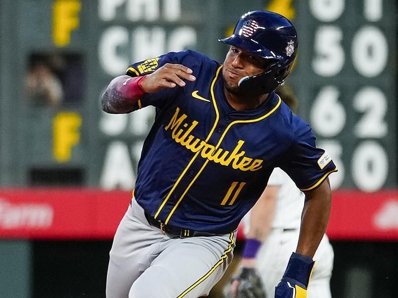 Jul 4, 2024; Denver, Colorado, USA; Milwaukee Brewers right fielder Jackson Chourio (11) runs for third against the  Colorado Rockies during the eighth inning at Coors Field. Mandatory Credit: Troy Babbitt-USA TODAY Sports

 