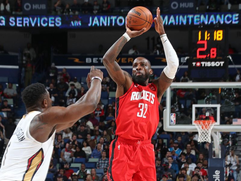 NEW ORLEANS, LA - FEBRUARY 22: Jeff Green #32 of the Houston Rockets  shoots the ball during the game against the New Orleans Pelicans on February 22, 2024 at the Smoothie King Center in New Orleans, Louisiana. NOTE TO USER: User expressly acknowledges and agrees that, by downloading and or using this Photograph, user is consenting to the terms and conditions of the Getty Images License Agreement. Mandatory Copyright Notice: Copyright 2024 NBAE (Photo by Layne Murdoch Jr./NBAE via Getty Images)