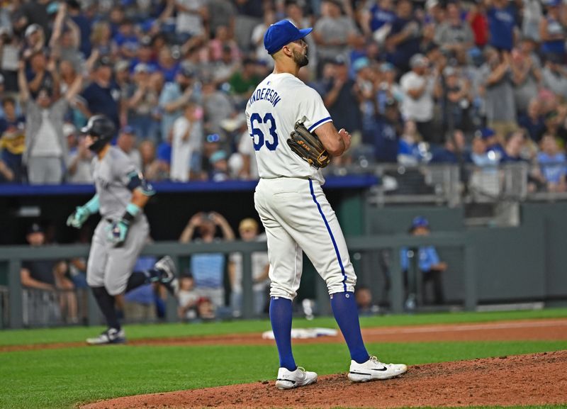 Jun 11, 2024; Kansas City, Missouri, USA; Kansas City Royals relief pitcher Nick Anderson (63) looks on after giving up a two-run home run to New York Yankees center fielder Aaron Judge (left) in the seventh inning at Kauffman Stadium. Mandatory Credit: Peter Aiken-USA TODAY Sports