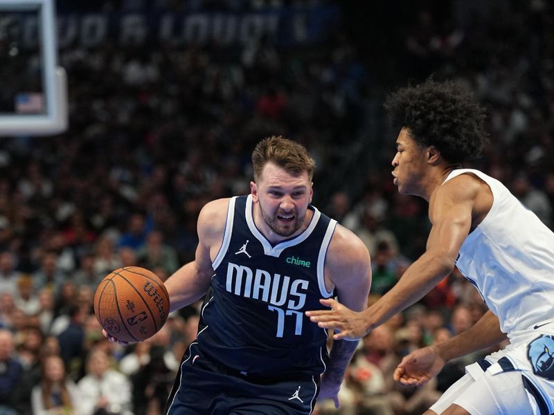 DALLAS, TX - DECEMBER 3: Luka Doncic #77 of the Dallas Mavericks dribbles the ball during the game against the Memphis Grizzlies during a Emirates NBA Cup game on December 3, 2024 at American Airlines Center in Dallas, Texas. NOTE TO USER: User expressly acknowledges and agrees that, by downloading and or using this photograph, User is consenting to the terms and conditions of the Getty Images License Agreement. Mandatory Copyright Notice: Copyright 2024 NBAE (Photo by Glenn James/NBAE via Getty Images)