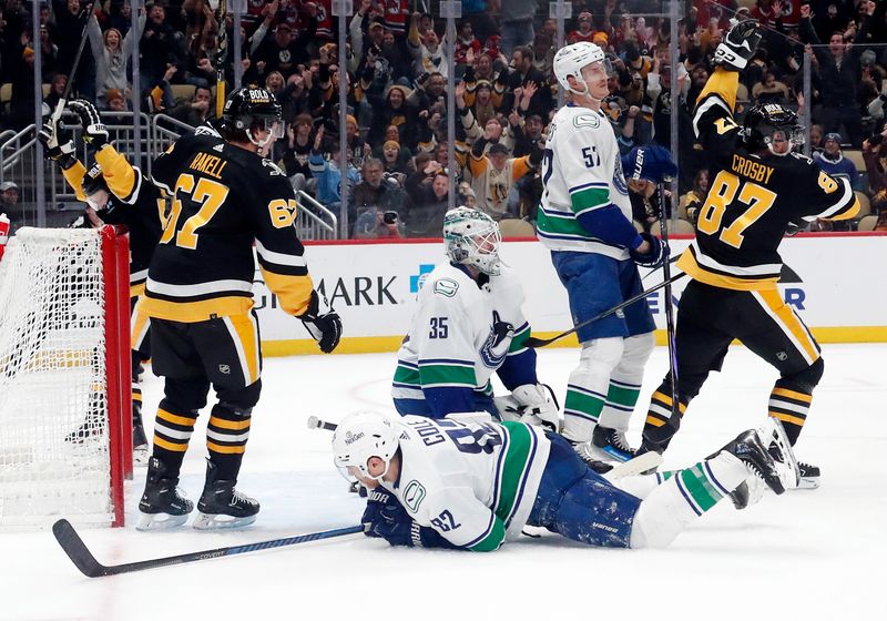 Jan 11, 2024; Pittsburgh, Pennsylvania, USA; Pittsburgh Penguins center Sidney Crosby (87) reacts after scoring against Vancouver Canucks goaltender Thatcher Demko (35) for a third period goal at PPG Paints Arena. The Canucks won 4-3 in overtime. Mandatory Credit: Charles LeClaire-USA TODAY Sports