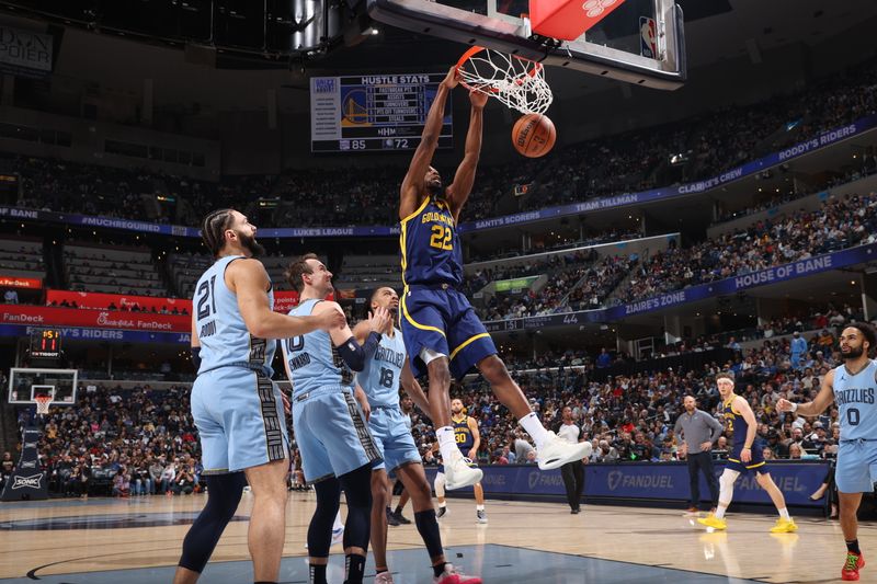 MEMPHIS, TN - FEBRUARY 2: Andrew Wiggins #22 of the Golden State Warriors dunks the ball during the game against the Memphis Grizzlies on February 2, 2024 at FedExForum in Memphis, Tennessee. NOTE TO USER: User expressly acknowledges and agrees that, by downloading and or using this photograph, User is consenting to the terms and conditions of the Getty Images License Agreement. Mandatory Copyright Notice: Copyright 2024 NBAE (Photo by Joe Murphy/NBAE via Getty Images)