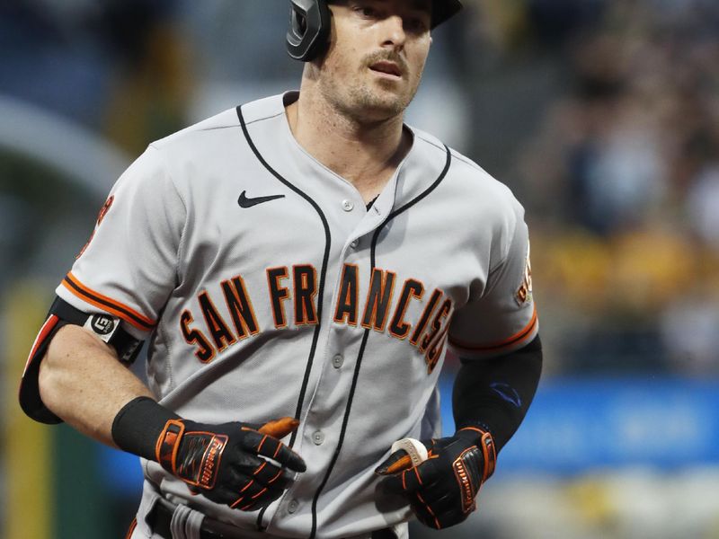 Jul 15, 2023; Pittsburgh, Pennsylvania, USA;  San Francisco Giants center fielder Mike Yastrzemski (5) circles the base on a solo home run against the Pittsburgh Pirates during the second inning at PNC Park. Mandatory Credit: Charles LeClaire-USA TODAY Sports