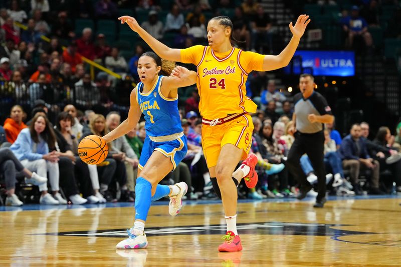 Mar 8, 2024; Las Vegas, NV, USA; UCLA Bruins guard Kiki Rice (1) dribbles against USC Trojans forward Kaitlyn Davis (24) during the second quarter at MGM Grand Garden Arena. Mandatory Credit: Stephen R. Sylvanie-USA TODAY Sports