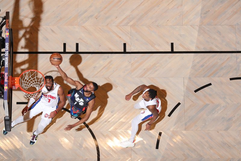 BROOKLYN, NY - APRIL 6: Mikal Bridges #1 of the Brooklyn Nets drives to the basket during the game against the Detroit Pistons on April 6, 2024 at Barclays Center in Brooklyn, New York. NOTE TO USER: User expressly acknowledges and agrees that, by downloading and or using this Photograph, user is consenting to the terms and conditions of the Getty Images License Agreement. Mandatory Copyright Notice: Copyright 2024 NBAE (Photo by Nathaniel S. Butler/NBAE via Getty Images)