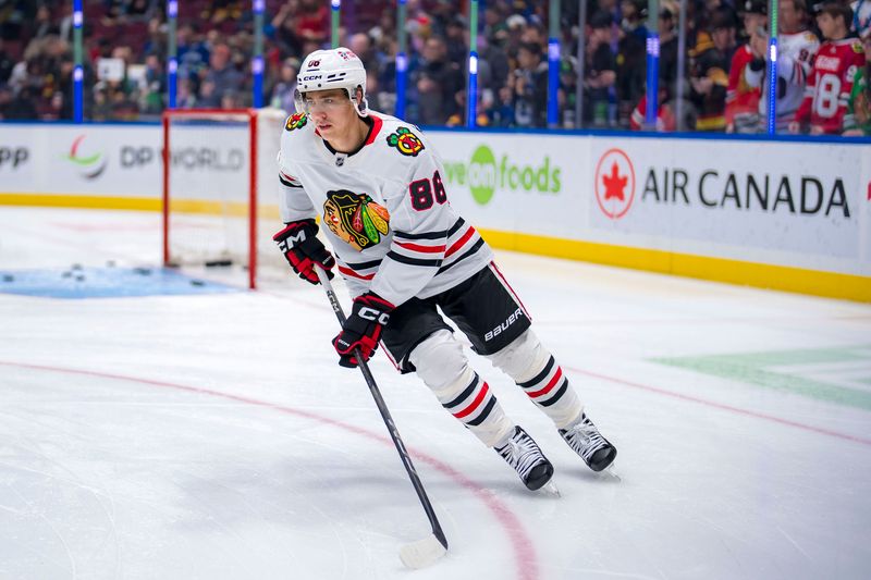 Nov 16, 2024; Vancouver, British Columbia, CAN; Chicago Blackhawks forward Teuvo Teravainen (86) skates during warm up prior to a game against the Vancouver Canucks at Rogers Arena. Mandatory Credit: Bob Frid-Imagn Images