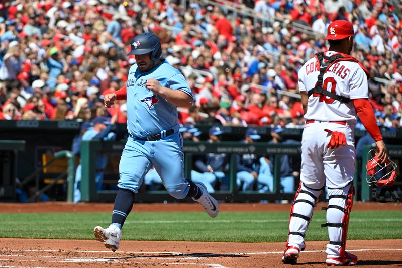 Apr 2, 2023; St. Louis, Missouri, USA;  Toronto Blue Jays designated hitter Alejandro Kirk (30) scores against the St. Louis Cardinals during the second inning at Busch Stadium. Mandatory Credit: Jeff Curry-USA TODAY Sports