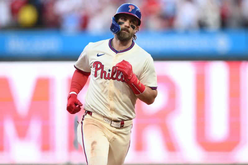 Oct 6, 2024; Philadelphia, Pennsylvania, USA; Philadelphia Phillies first base Bryce Harper (3) hits a two run home run in the sixth inning against the New York Mets  during game two of the NLDS for the 2024 MLB Playoffs at Citizens Bank Park. Mandatory Credit: Kyle Ross-Imagn Images