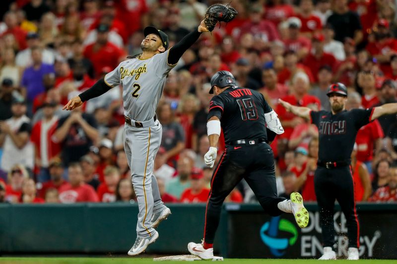 Sep 22, 2023; Cincinnati, Ohio, USA; Pittsburgh Pirates first baseman Connor Joe (2) attempts to tag Cincinnati Reds first baseman Joey Votto (19) out at first in the fifth inning at Great American Ball Park. Mandatory Credit: Katie Stratman-USA TODAY Sports