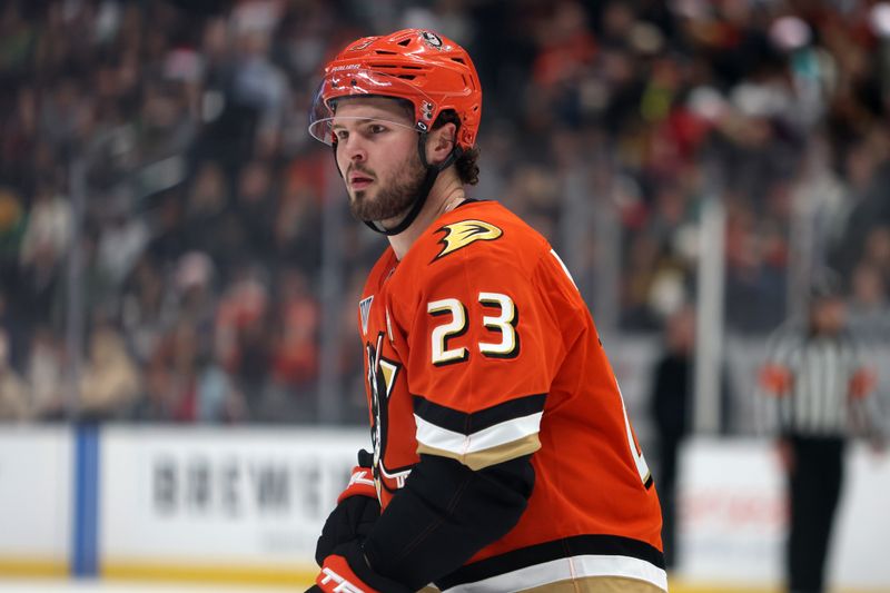 Dec 22, 2025; Anaheim, California, USA;  Anaheim Ducks center Mason McTavish (23) looks on during the first period against the Seattle Kraken at Honda Center. Mandatory Credit: Kiyoshi Mio-Imagn Images
