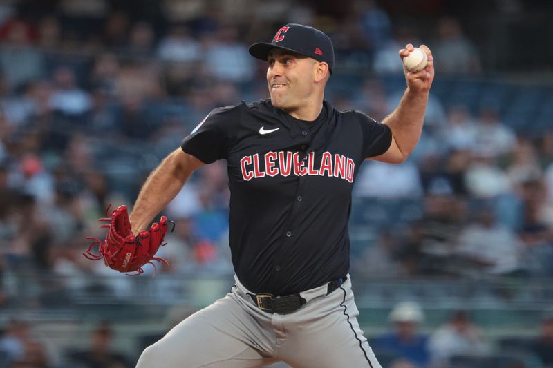 Aug 20, 2024; Bronx, New York, USA; Cleveland Guardians starting pitcher Matthew Boyd (16) delivers a pitch during the first inning against the New York Yankees during the first inning at Yankee Stadium. Mandatory Credit: Vincent Carchietta-USA TODAY Sports