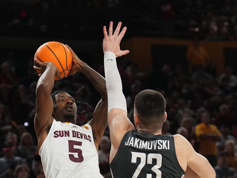 Feb 24, 2024; Tempe, Arizona, USA; Arizona State Sun Devils guard Jamiya Neal (5) shoots over Washington State Cougars forward Andrej Jakimovski (23) during the second half at Desert Financial Arena. Mandatory Credit: Joe Camporeale-USA TODAY Sports