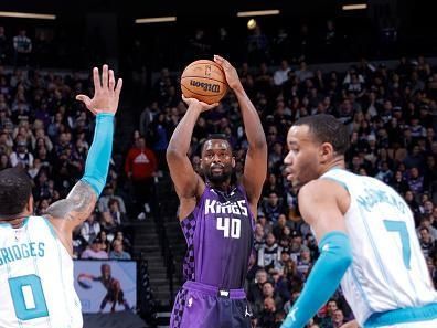 SACRAMENTO, CA - JANUARY 2: Harrison Barnes #40 of the Sacramento Kings shoots the ball during the game against the Charlotte Hornets on January 2, 2024 at Golden 1 Center in Sacramento, California. NOTE TO USER: User expressly acknowledges and agrees that, by downloading and or using this Photograph, user is consenting to the terms and conditions of the Getty Images License Agreement. Mandatory Copyright Notice: Copyright 2024 NBAE (Photo by Rocky Widner/NBAE via Getty Images)