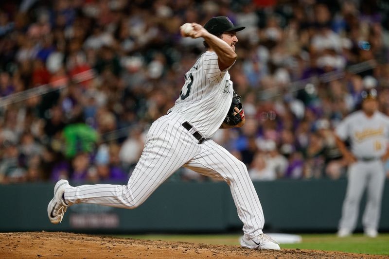 Jul 28, 2023; Denver, Colorado, USA; Colorado Rockies relief pitcher Connor Seabold (43) pitches in the seventh inning against the Oakland Athletics at Coors Field. Mandatory Credit: Isaiah J. Downing-USA TODAY Sports