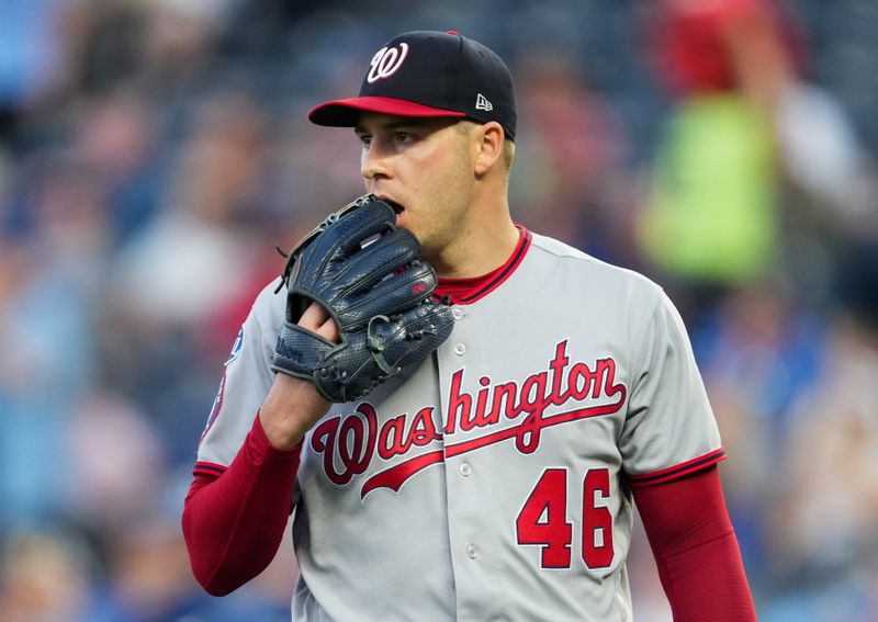 May 26, 2023; Kansas City, Missouri, USA; Washington Nationals starting pitcher Patrick Corbin (46) reacts after giving up a run during the fourth inning against the Kansas City Royals at Kauffman Stadium. Mandatory Credit: Jay Biggerstaff-USA TODAY Sports