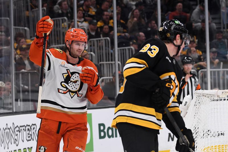 Oct 23, 2025; Boston, Massachusetts, USA; Anaheim Ducks defenseman Jacob Trouba (65) reacts after scoring a goal during the second period against the Boston Bruins at TD Garden. Mandatory Credit: Bob DeChiara-Imagn Images