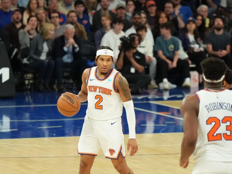 NEW YORK, NY - APRIL 20: Miles McBride #2 of the New York Knicks dribbles the ball during the game against the Philadelphia 76ers during Round 1 Game 1 of the 2024 NBA Playoffs on April 20, 2024 at Madison Square Garden in New York City, New York.  NOTE TO USER: User expressly acknowledges and agrees that, by downloading and or using this photograph, User is consenting to the terms and conditions of the Getty Images License Agreement. Mandatory Copyright Notice: Copyright 2024 NBAE  (Photo Jesse D. Garrabrant/NBAE via Getty Images)