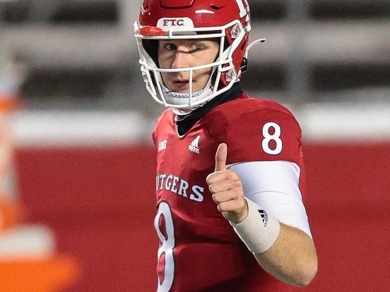 Dec 18, 2020; Piscataway, New Jersey, USA; Rutgers Scarlet Knights quarterback Artur Sitkowski (8) gives a thumbs up before this game against the Nebraska Cornhuskers at SHI Stadium. Mandatory Credit: Vincent Carchietta-USA TODAY Sports