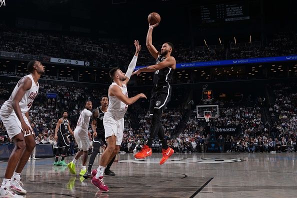 PHILADELPHIA, PA - OCTOBER 25: Ben Simmons #10 of the Brooklyn Nets shoots the ball during the game against the Cleveland Cavaliers on October 25, 2023 at the Wells Fargo Center in Philadelphia, Pennsylvania NOTE TO USER: User expressly acknowledges and agrees that, by downloading and/or using this Photograph, user is consenting to the terms and conditions of the Getty Images License Agreement. Mandatory Copyright Notice: Copyright 2023 NBAE (Photo by Jesse D. Garrabrant/NBAE via Getty Images)