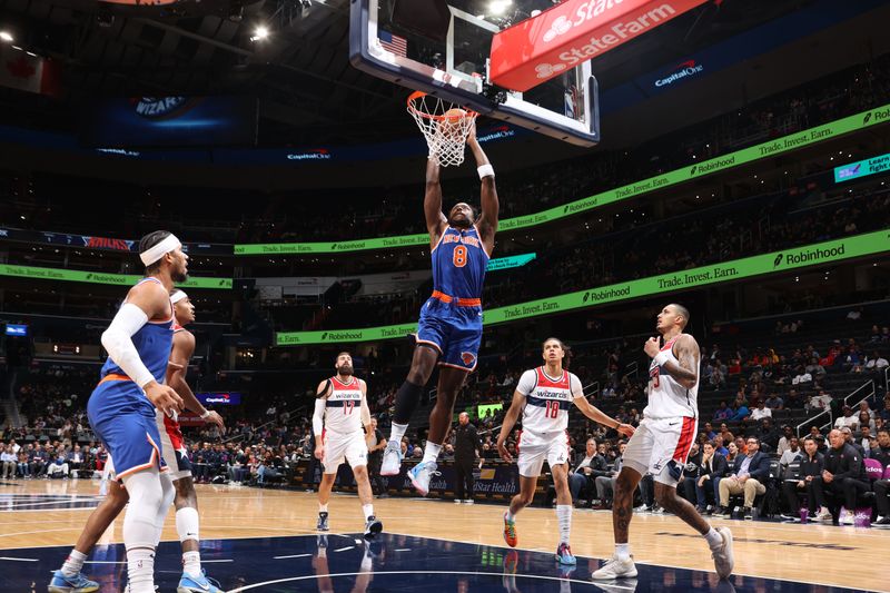 WASHINGTON, DC -? OCTOBER 18: OG Anunoby #8 of the New York Knicks dunks the ball during the game against the Washington Wizards on October 18, 2024 at Capital One Arena in Washington, DC. NOTE TO USER: User expressly acknowledges and agrees that, by downloading and or using this Photograph, user is consenting to the terms and conditions of the Getty Images License Agreement. Mandatory Copyright Notice: Copyright 2024 NBAE (Photo by Kenny Giarla/NBAE via Getty Images)