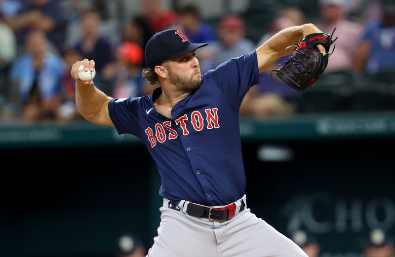 Aug 2, 2024; Arlington, Texas, USA; Boston Red Sox starting pitcher Kutter Crawford (50) throws during the first inning against the Texas Rangers at Globe Life Field. Mandatory Credit: Kevin Jairaj-USA TODAY Sports