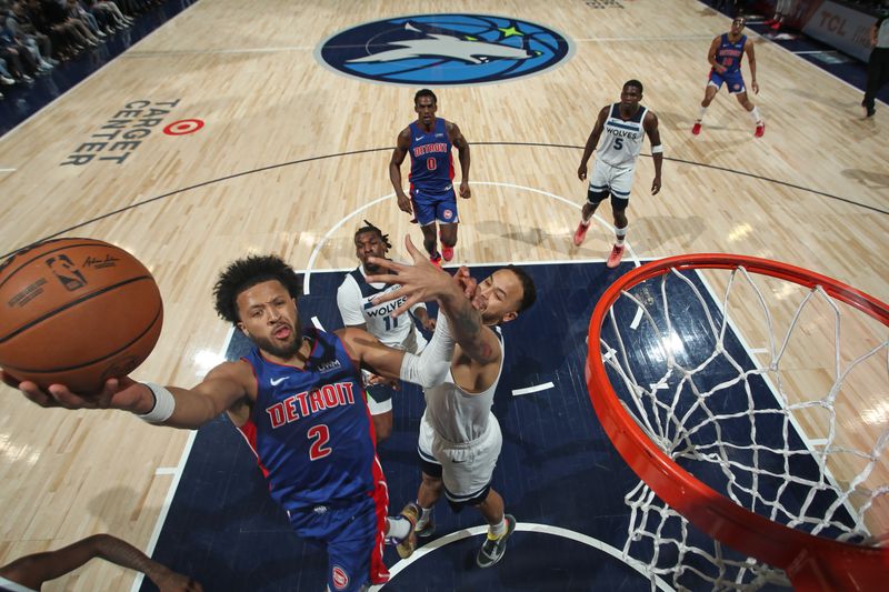 MINNEAPOLIS, MN -  MARCH 27: Cade Cunningham #2 of the Detroit Pistons shoots the ball during the game against the Minnesota Timberwolves on March 27, 2024 at Target Center in Minneapolis, Minnesota. NOTE TO USER: User expressly acknowledges and agrees that, by downloading and or using this Photograph, user is consenting to the terms and conditions of the Getty Images License Agreement. Mandatory Copyright Notice: Copyright 2024 NBAE (Photo by Jordan Johnson/NBAE via Getty Images)