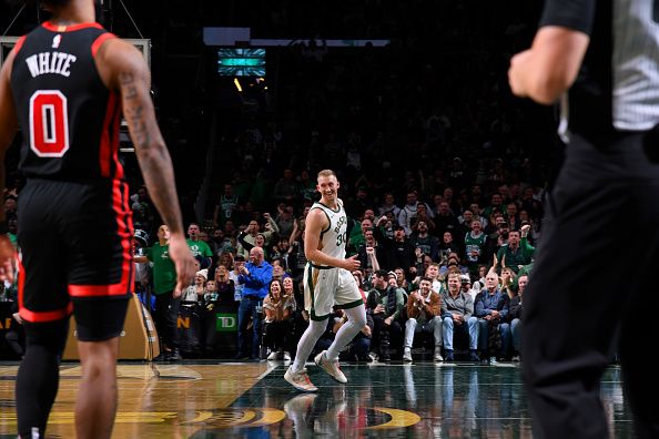 BOSTON, MA - NOVEMBER 28: Sam Hauser #30 of the Boston Celtics smiles during the game against the Chicago Bulls during the In-Season Tournament on November 28, 2023 at the TD Garden in Boston, Massachusetts. NOTE TO USER: User expressly acknowledges and agrees that, by downloading and or using this photograph, User is consenting to the terms and conditions of the Getty Images License Agreement. Mandatory Copyright Notice: Copyright 2023 NBAE  (Photo by Brian Babineau/NBAE via Getty Images)