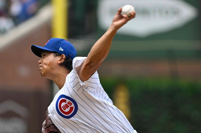 Jul 21, 2024; Chicago, Illinois, USA;  Chicago Cubs pitcher Shota Imanaga (18) pitches against the Arizona Diamondbacks during the first inning at Wrigley Field. Mandatory Credit: Matt Marton-USA TODAY Sports