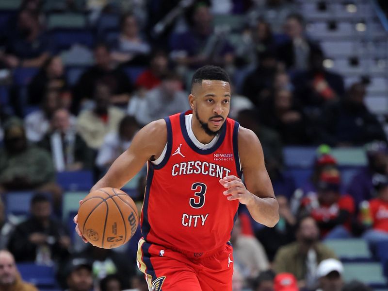 NEW ORLEANS, LOUISIANA - DECEMBER 12: CJ McCollum #3 of the New Orleans Pelicans drives with the ball against the Sacramento Kings during a game at the Smoothie King Center on December 12, 2024 in New Orleans, Louisiana. NOTE TO USER: User expressly acknowledges and agrees that, by downloading and or using this Photograph, user is consenting to the terms and conditions of the Getty Images License Agreement. (Photo by Jonathan Bachman/Getty Images)