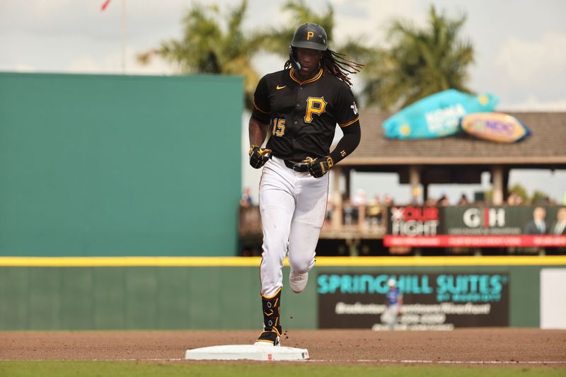 Mar 5, 2024; Bradenton, Florida, USA;  Pittsburgh Pirates shortstop Oneil Cruz (15) runs around the bases after he hit a home run during the fifth inning against the Toronto Blue Jays at LECOM Park. Mandatory Credit: Kim Klement Neitzel-USA TODAY Sports