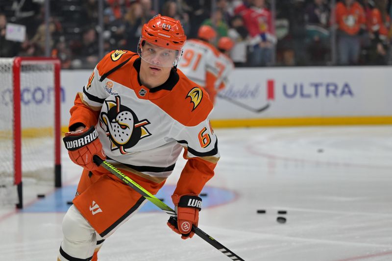 Dec 27, 2025; Los Angeles, California, USA;  Anaheim Ducks center Mikael Granlund (64) warms up prior to the game against the Los Angeles Kings at Crypto.com Arena. Mandatory Credit: Jayne Kamin-Oncea-Imagn Images