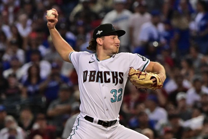 Oct 11, 2023; Phoenix, Arizona, USA; Arizona Diamondbacks starting pitcher Brandon Pfaadt (32) throws a pitch against the Los Angeles Dodgers in the first inning for game three of the NLDS for the 2023 MLB playoffs at Chase Field. Mandatory Credit: Matt Kartozian-USA TODAY Sports