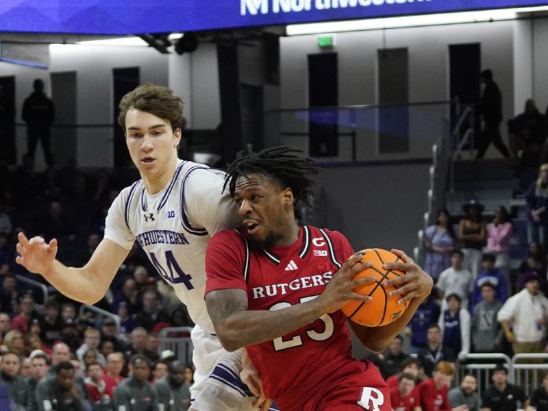 Jan 29, 2025; Evanston, Illinois, USA; Northwestern Wildcats guard Angelo Ciaravino (44) defends Rutgers Scarlet Knights guard Jeremiah Williams (25)  during the first half at Welsh-Ryan Arena. Mandatory Credit: David Banks-Imagn Images