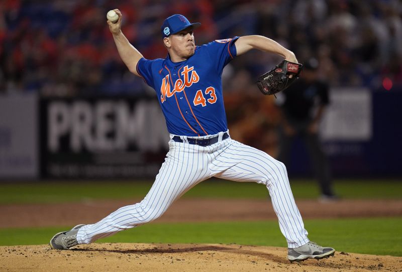 Feb 25, 2023; Port St. Lucie, Florida, USA;  New York Mets relief pitcher Jeff Brigham (43) pitches against the Miami Marlins in the third inning at Clover Park. Mandatory Credit: Jim Rassol-USA TODAY Sports