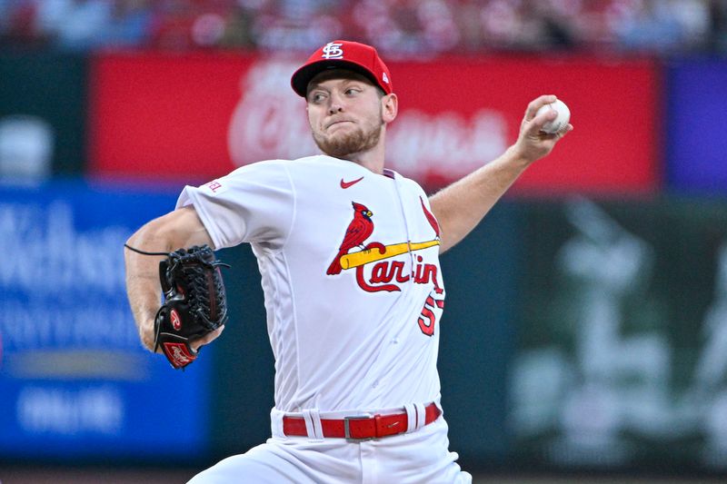 Aug 18, 2023; St. Louis, Missouri, USA;  St. Louis Cardinals starting pitcher Zack Thompson (57) pitches against the New York Mets during the first inning at Busch Stadium. Mandatory Credit: Jeff Curry-USA TODAY Sports