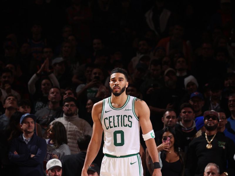 NEW YORK, NY - APRIL 8:  Jayson Tatum #0 of the Boston Celtics looks on during the game against the New York Knicks on April 8, 2025 at Madison Square Garden in New York City, New York.  NOTE TO USER: User expressly acknowledges and agrees that, by downloading and or using this photograph, User is consenting to the terms and conditions of the Getty Images License Agreement. Mandatory Copyright Notice: Copyright 2025 NBAE  (Photo by Nathaniel S. Butler/NBAE via Getty Images)