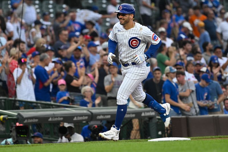 Jul 19, 2023; Chicago, Illinois, USA; Chicago Cubs center fielder Mike Tauchman (40) rounds the bases after hitting a home run against the Washington Nationals during the first inning at Wrigley Field. Mandatory Credit: Matt Marton-USA TODAY Sports