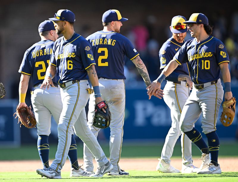 Sep 24, 2025; San Diego, California, USA; Milwaukee Brewers players celebrate after the Brewers beat the San Diego Padres at Petco Park. Mandatory Credit: Denis Poroy-Imagn Images
