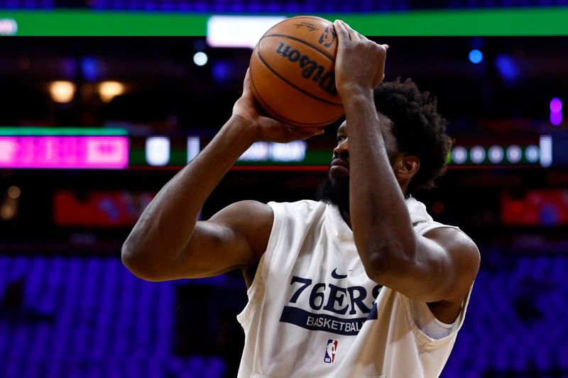 PHILADELPHIA, PA - APRIL 06: Joel Embiid #21 of the Philadelphia 76ers warms up before a game against the Miami Heat at Wells Fargo Center on April 6, 2023 in Philadelphia, Pennsylvania. NOTE TO USER: User expressly acknowledges and agrees that, by downloading and or using this photograph, User is consenting to the terms and conditions of the Getty Images License Agreement. (Photo by Rich Schultz/Getty Images)