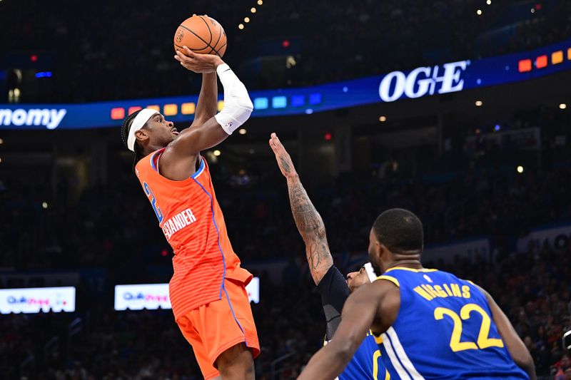 OKLAHOMA CITY, OKLAHOMA - NOVEMBER 10: Shai Gilgeous-Alexander #2 of the Oklahoma City Thunder goes up for a shot during the second half against the Golden State Warriors at Paycom Center on November 10, 2024 in Oklahoma City, Oklahoma. NOTE TO USER: User expressly acknowledges and agrees that, by downloading and or using this photograph, User is consenting to the terms and conditions of the Getty Images License Agreement. (Photo by Joshua Gateley/Getty Images)