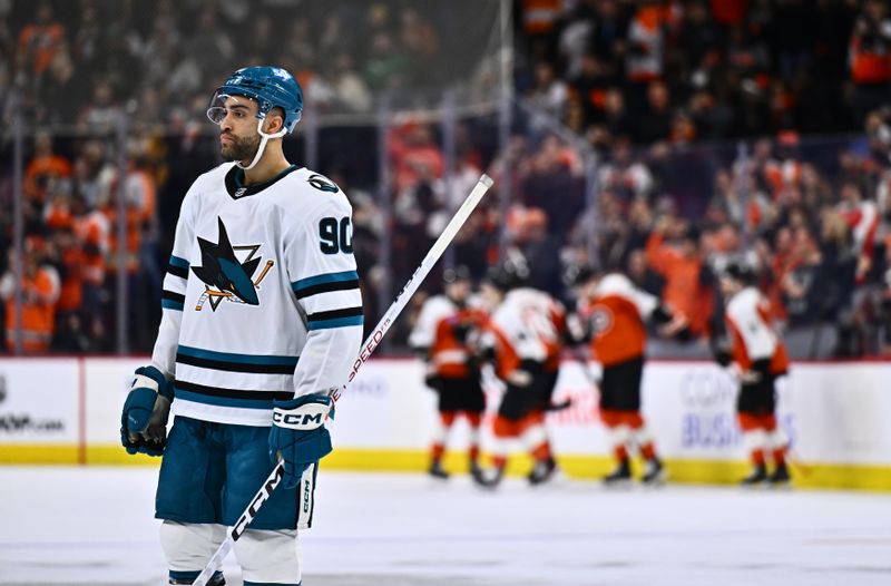 Mar 12, 2024; Philadelphia, Pennsylvania, USA; San Jose Sharks right wing Justin Bailey (90) looks on as the Philadelphia Flyers celebrate a goal in the second period at Wells Fargo Center. Mandatory Credit: Kyle Ross-USA TODAY Sports