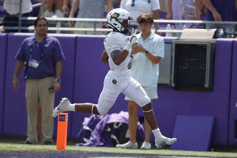 Sep 2, 2023; Fort Worth, Texas, USA; Colorado Buffaloes running back Dylan Edwards (3) scores the go ahead touchdown in the fourth quarter against the TCU Horned Frogs at Amon G. Carter Stadium. Mandatory Credit: Tim Heitman-USA TODAY Sports