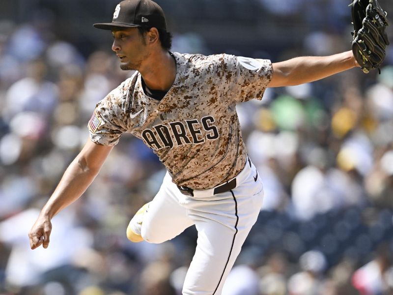 Sep 14, 2025; San Diego, California, USA; San Diego Padres starting pitcher Yu Darvish (11) delivers during the first inning against the Colorado Rockies at Petco Park. Mandatory Credit: Denis Poroy-Imagn Images