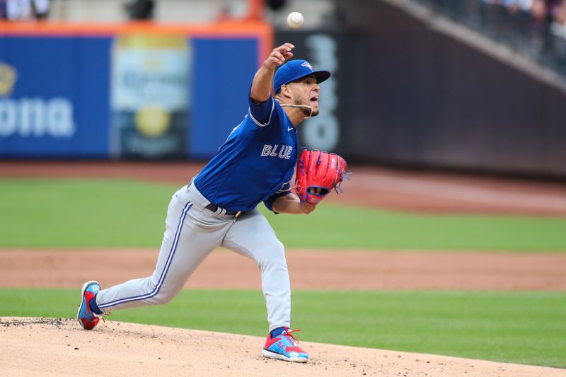 Jun 3, 2023; New York City, New York, USA;  Toronto Blue Jays starting pitcher Jose Berrios (17) against the New York Mets at Citi Field. Mandatory Credit: Wendell Cruz-USA TODAY Sports