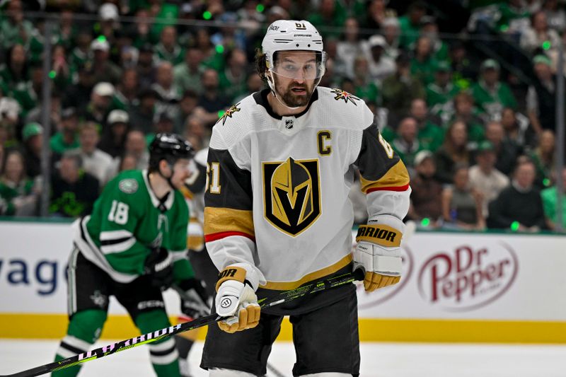 Apr 24, 2024; Dallas, Texas, USA; Vegas Golden Knights right wing Mark Stone (61) skates against the Dallas Stars during the third period in game two of the first round of the 2024 Stanley Cup Playoffs at American Airlines Center. Mandatory Credit: Jerome Miron-USA TODAY Sports