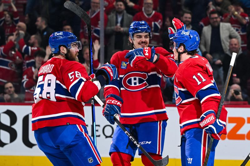 Mar 12, 2024; Montreal, Quebec, CAN; Montreal Canadiens right wing Brendan Gallagher (11) celebrates his goal against the Columbus Blue Jackets with his teammates during the first period at Bell Centre. Mandatory Credit: David Kirouac-USA TODAY Sports