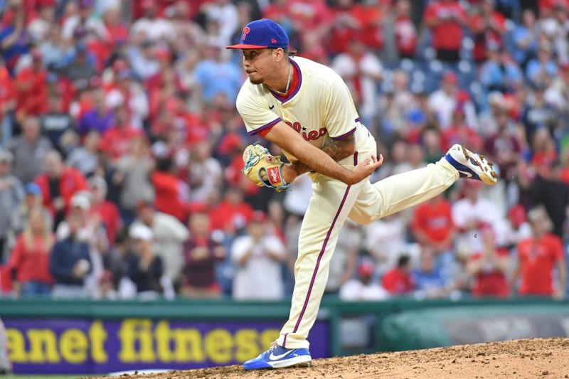 May 6, 2024; Philadelphia, Pennsylvania, USA; Philadelphia Phillies pitcher Orion Kerkering (50) follows through on a pitch during the ninth inning against the San Francisco Giants at Citizens Bank Park. Mandatory Credit: Eric Hartline-USA TODAY Sports