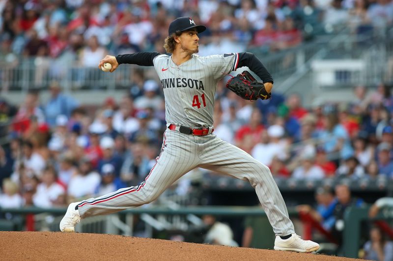 Jun 27, 2023; Atlanta, Georgia, USA; Minnesota Twins starting pitcher Joe Ryan (41) throws against the Atlanta Braves in the second inning at Truist Park. Mandatory Credit: Brett Davis-USA TODAY Sports